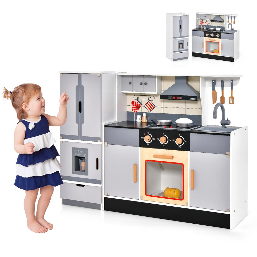 Costzon 2-Piece Play Kitchen, Wooden Toy Kitchen Set with Refrigerator, Ice Maker, Range Hood, Pretend Oven, Kids Kitchen Playset with Sounds & Lights, Gift for Ages 3+