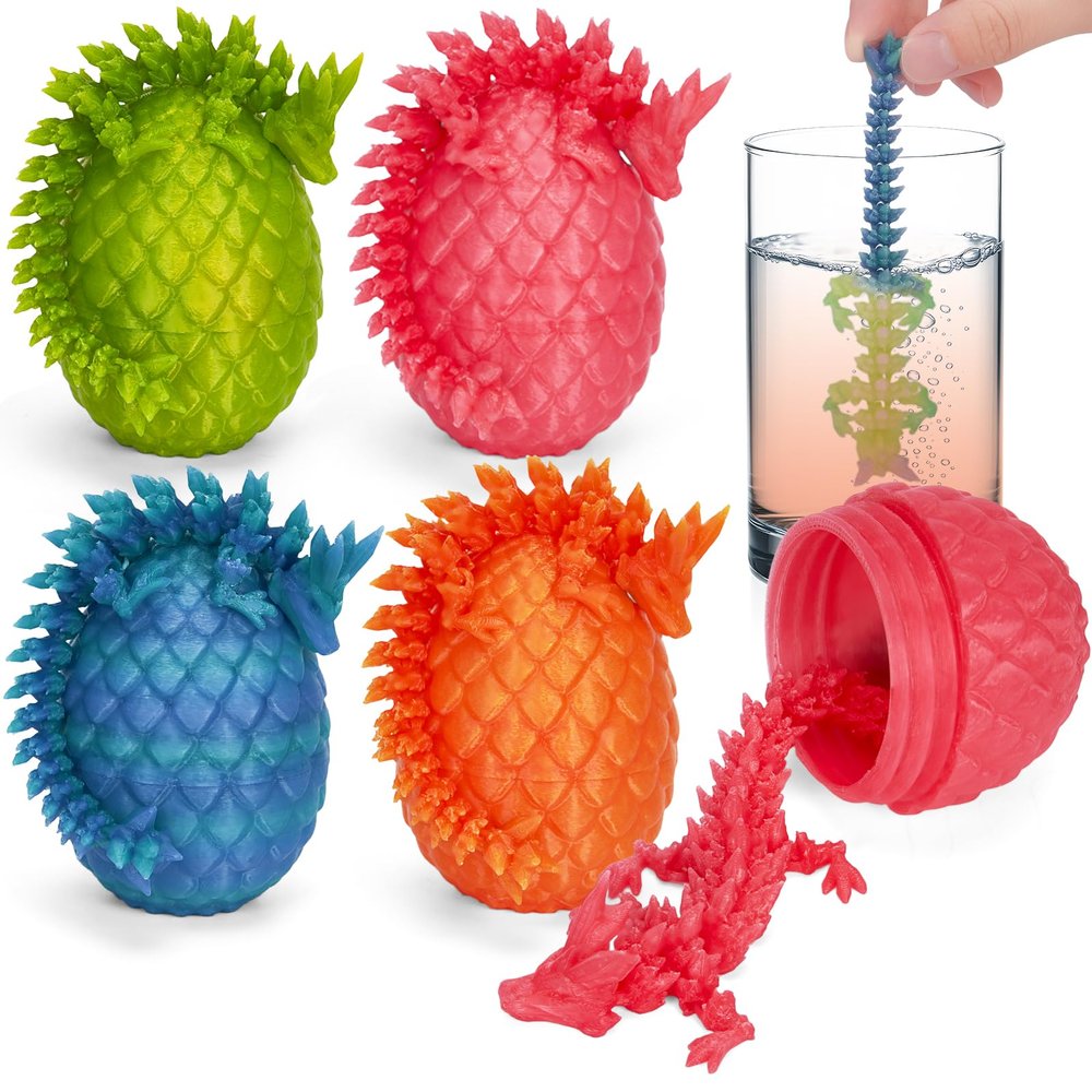 TBOLINE 4PCS 3D Printed Dragon Egg, Articulated Crystal Animals Fidget Toys, Small 3D Printer Dinosaur Eggs Birthday Party Favors Toy for Kids, Kids Valentines Day Gifts for Boys Girls 5-7 8-12