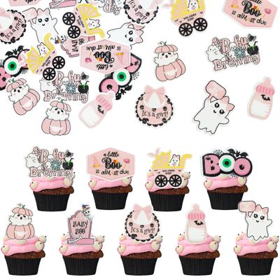 Gyufise 54Pcs Edible Halloween Cupcake Toppers - Wafer Paper 'A Baby Is Brewing' Cake Pick Decorations for Halloween Theme Baby Shower Party Cake Supplies - Pink