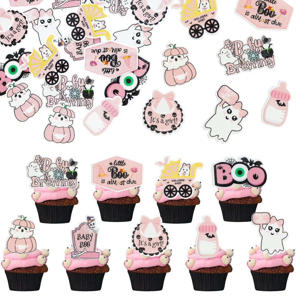 Gyufise 54Pcs Edible Halloween Cupcake Toppers - Wafer Paper 'A Baby Is Brewing' Cake Pick Decorations for Halloween Theme Baby Shower Party Cake Supplies - Pink