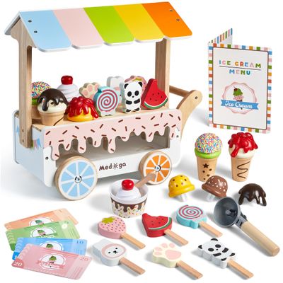 Wooden Ice Cream Cart Toy Playset with Ice Cream Toys Pretend Play Food Truck Play Kitchen Accessories with Ice Lolly & Scoop & Menu Wooden Toys Gift for 3 4 5 6 7 8 Year Old Girls Boys