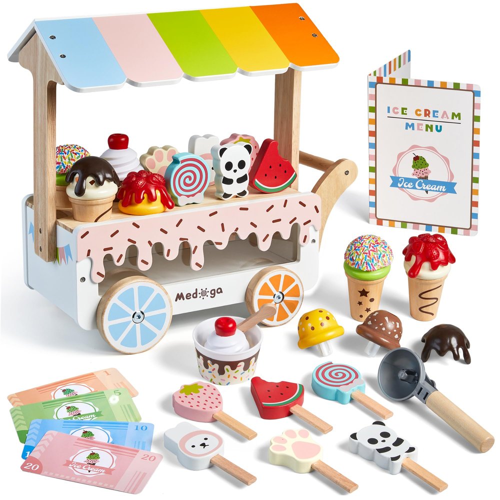 Wooden Ice Cream Cart Toy Playset with Ice Cream Toys Pretend Play Food Truck Play Kitchen Accessories with Ice Lolly & Scoop & Menu Wooden Toys Gift for 3 4 5 6 7 8 Year Old Girls Boys