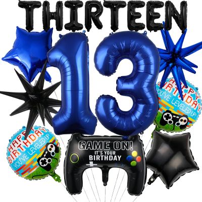17pcs Video Game Themed Party Decorations, Number 13th Boys Birthday Party Supplies, Navy Blue Video Game Controller Mylar Foil Balloon, Video Game Party Decoration Supplies