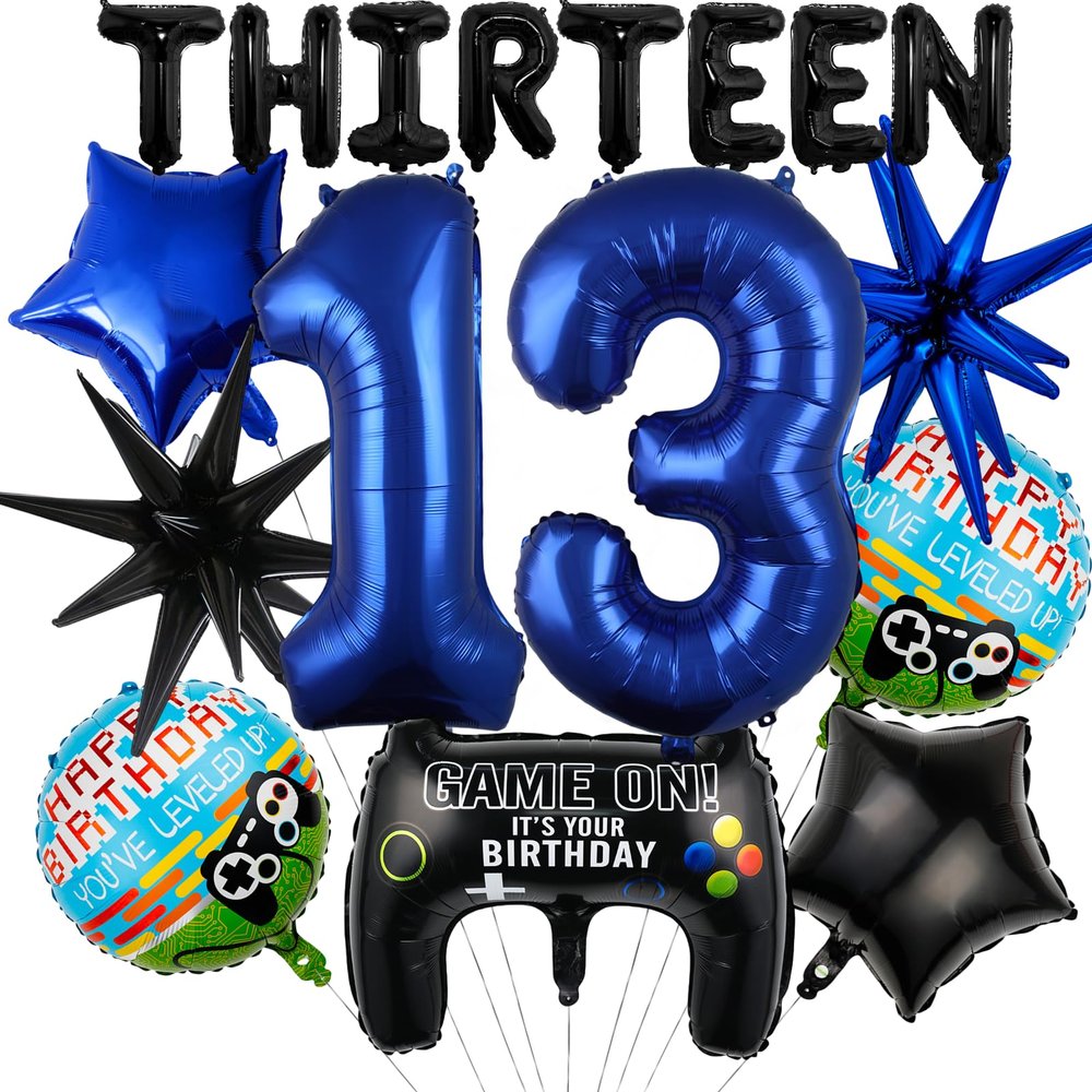 17pcs Video Game Themed Party Decorations, Number 13th Boys Birthday Party Supplies, Navy Blue Video Game Controller Mylar Foil Balloon, Video Game Party Decoration Supplies