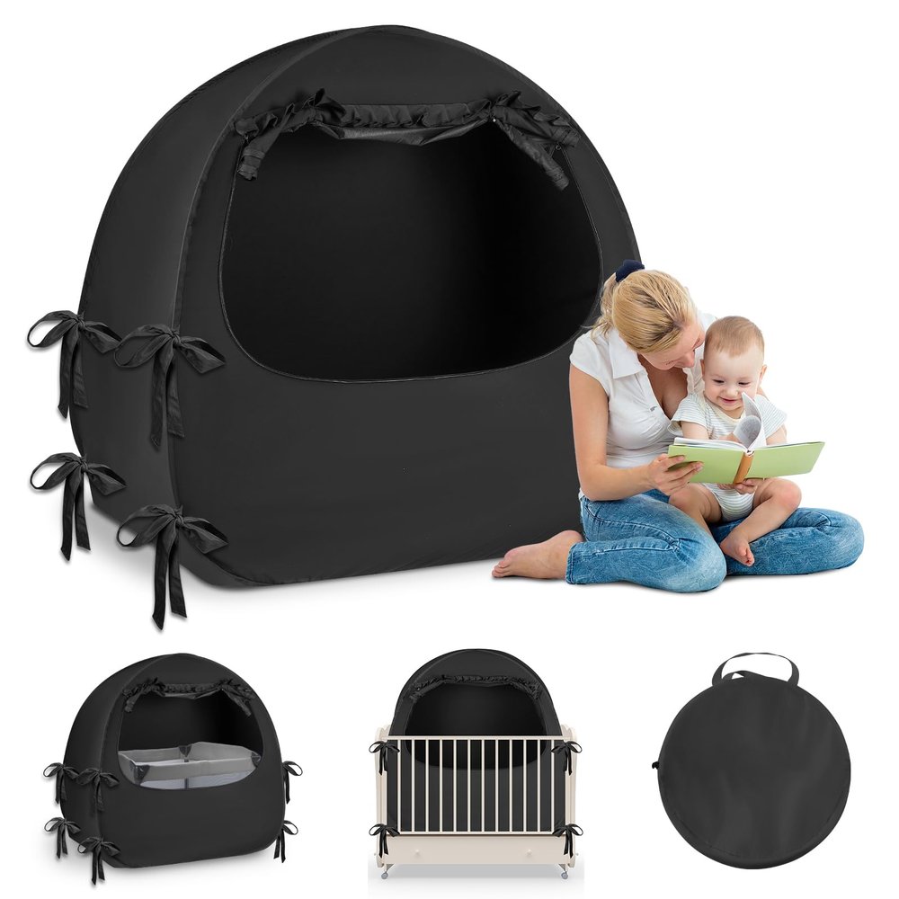 Crib Blackout Tent for Pack N Play, Pop Up Travel Crib Blackout Cover Canopy, Breathable Baby Sleep Pod with Safe Bottom Design, Blocks 70% Light