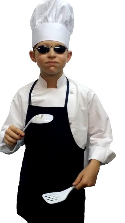 CHEFSKIN Kids Chef Set: 1 Jacket + 1 Hat + 1 Apron, Black, Size XXS-XXL (XS Fits Kids 3-4)