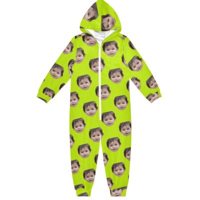 CHIFIGNO Personalized Unisex Onesie Kids with Face Photo Custom One Pieces Jumpsuits Halloween Cosplay Costume for Autumn Winter, Fluorescent Yellow, 13-14 Years