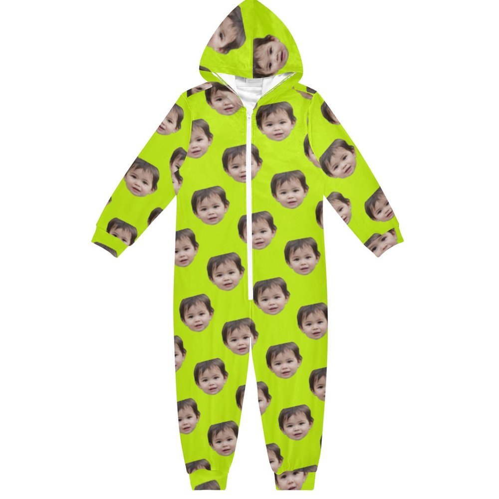 CHIFIGNO Personalized Unisex Onesie Kids with Face Photo Custom One Pieces Jumpsuits Halloween Cosplay Costume for Autumn Winter, Fluorescent Yellow, 13-14 Years