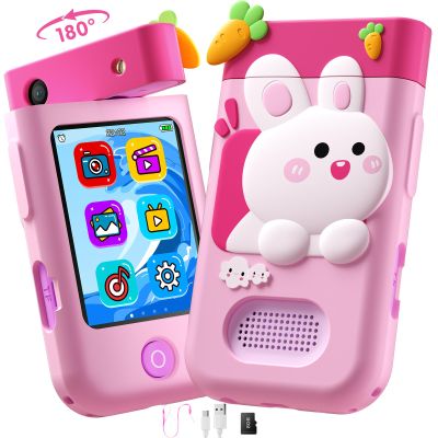 Kids Smart Phone Toys for Boys, Christmas Birthday Gifts for Girls Boys Ages 3-10, Touchscreen Toddler Learning Play Toy Phone with Rotating Camera, Game, Music Player, 8GB SD Card(Pink Rabbit)