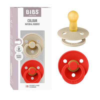 Bibs Colour Pacifier 2-Pack, BPA Free Dummy Binky, Round Nipple. Natural Rubber Latex, Size 2 (6-18 Months), Vanilla/Candy Apple