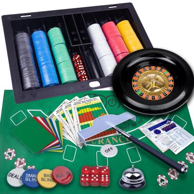 Poker Complete Set, 360 Chips, 8 Cards, Chip Rake, Felt, Roulette Wheel, 3 Dices, Casino Game Kit (Blue)