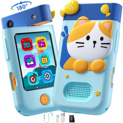 Kids Smart Phone Toys for Boys, Christmas Birthday Gifts for Girls Boys Ages 3-10, Touchscreen Toddler Learning Play Toy Phone with Rotating Camera, Game, Music Player, 8GB SD Card(Blue Cat)