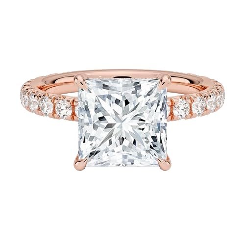 Handmade Moissanite Engagement Ring, Princess Cut 1-4 CT Bridal Promise Ring In Sterling Silver & Gold, Halo Accent Wedding Ring, Memorial Gift For Mother/Her (2 CARAT, Rose)
