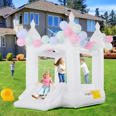 AKEYDIY White Bounce House, Outdoor Indoor Fun Bouncy House with Blower, Bouncy Castle Inflatable Bouncer Slide for Kids 3-8, 102" x 70" x 97", W/ 108 Air Balloon, Carrying Bag, Ground-Cloth, Patches