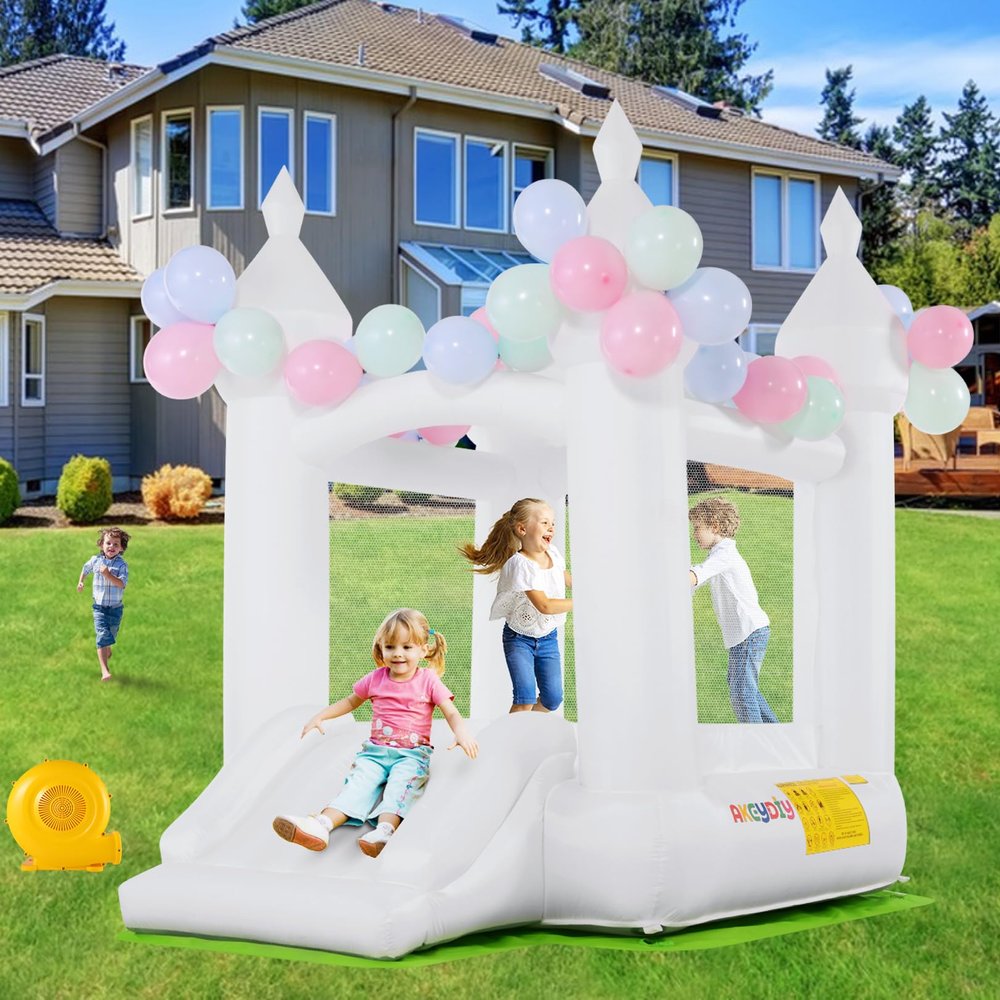 AKEYDIY White Bounce House, Outdoor Indoor Fun Bouncy House with Blower, Bouncy Castle Inflatable Bouncer Slide for Kids 3-8, 102" x 70" x 97", W/ 108 Air Balloon, Carrying Bag, Ground-Cloth, Patches