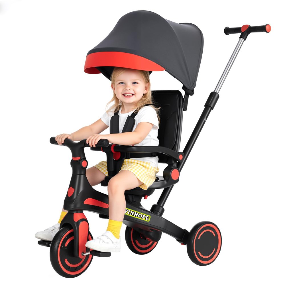 Winhope Kids Tricycle, 6 in 1 Baby's Tricycle Toddler Trike with Adjustable Push Handle, Reversible Seat and Canopy, Baby Stroller for 1-6 Year Olds, Suitable for Outdoor Activities(Red)