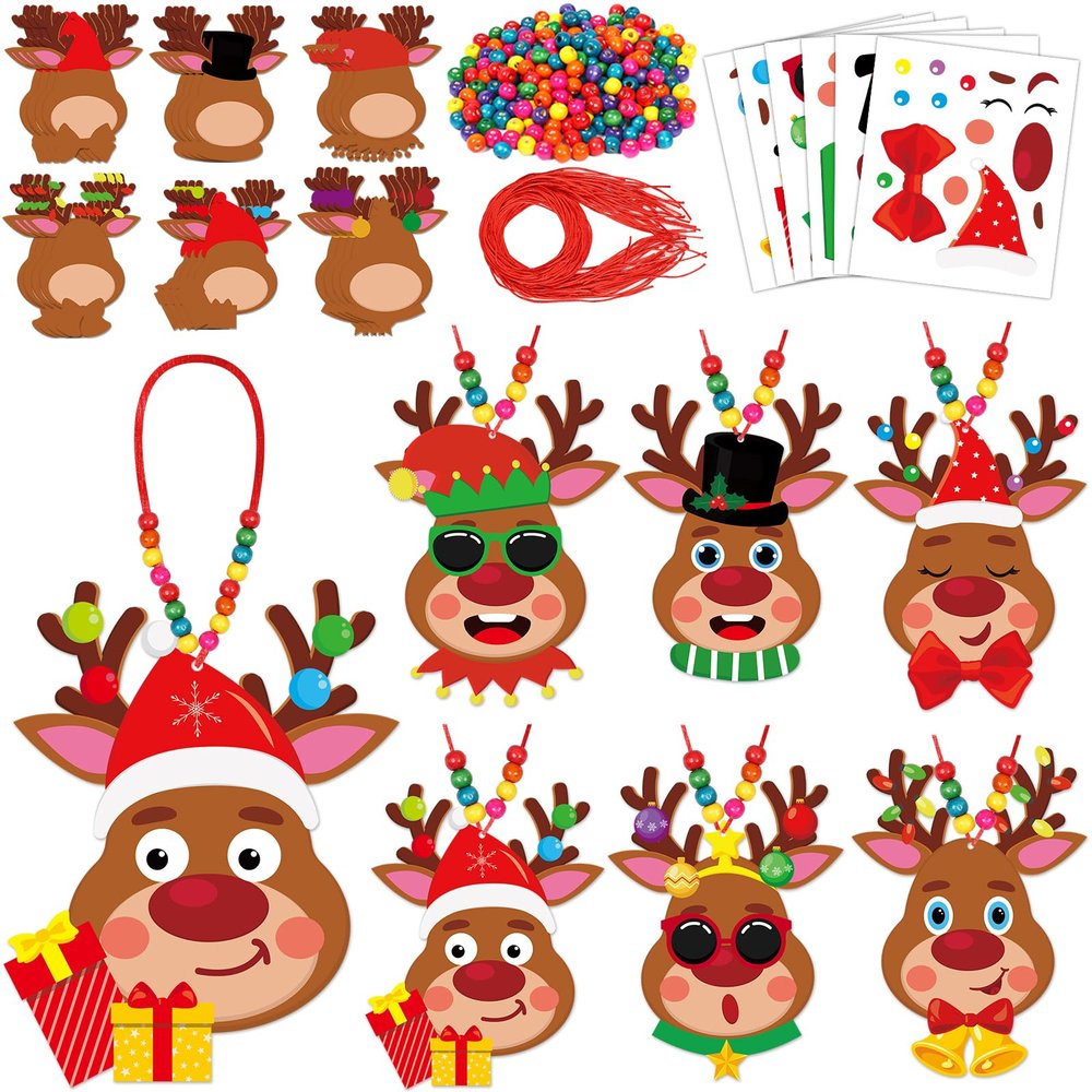 30Sets Christmas Crafts Kits for Kids Reindeer DIY Necklaces Bulk Reindeer Beaded Necklace Arts Crafts Kit for Festive Xmas Holiday Winter Party Classroom Decors Games Activities, 6 Style