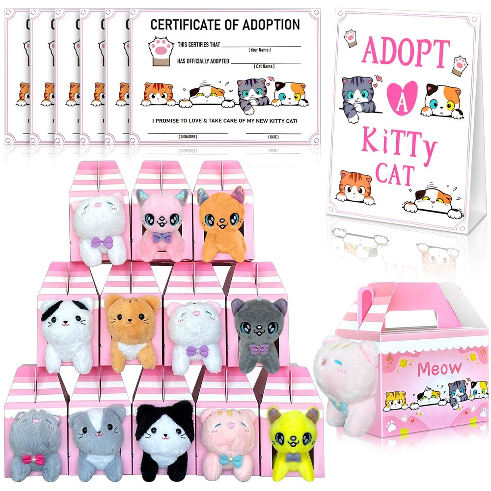 37 Pcs Adopt a Cat Party Favors Include 12 Foldable Kitten Boxes 12 Mini Stuffed Cat 12 Card 1 Stand for Adopt a Kitty Party Favors Kitten Supplies Gifts