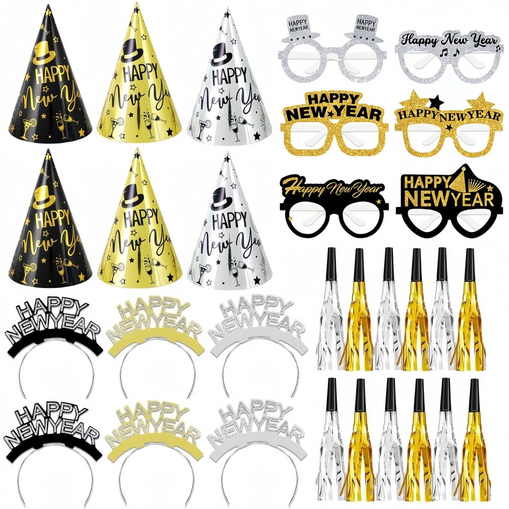 36 Pieces 2026 New Years Eve Party Supplies Include 6 Happy New Year Cone Hats 6 Glitter Tiaras 12 New Years Paper Eyeglasses and 12 Gold Silver Noise Makers for 2025 Happy New Year Party Decorations