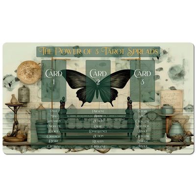 3 Card Spread Tarot Mat for Beginners and Experts, 8 Printed Layouts for Reading, Divination Cloth, Large Size Protective Desk or Table Pad for Readings (Black-Butterfly-2)