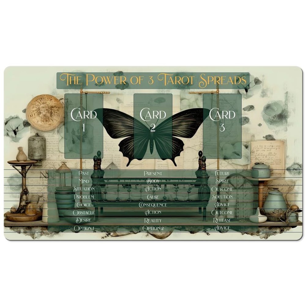 3 Card Spread Tarot Mat for Beginners and Experts, 8 Printed Layouts for Reading, Divination Cloth, Large Size Protective Desk or Table Pad for Readings (Black-Butterfly-2)