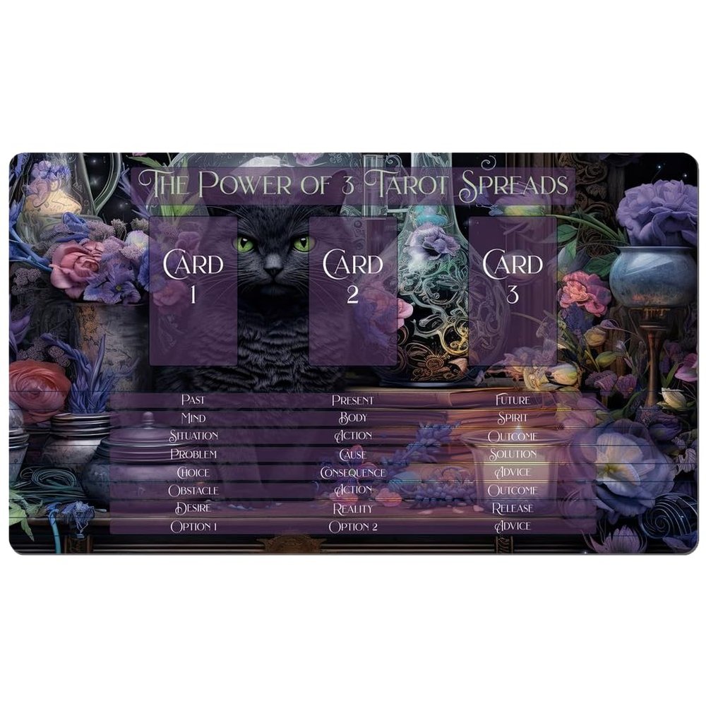 Madaket Lane 3 Card Spread Tarot Mat for Beginners and Experts, 8 Printed Layouts for Reading, Divination Cloth, Large Size Protective Desk or Table Pad for Readings (Apothecary-Cat-2)