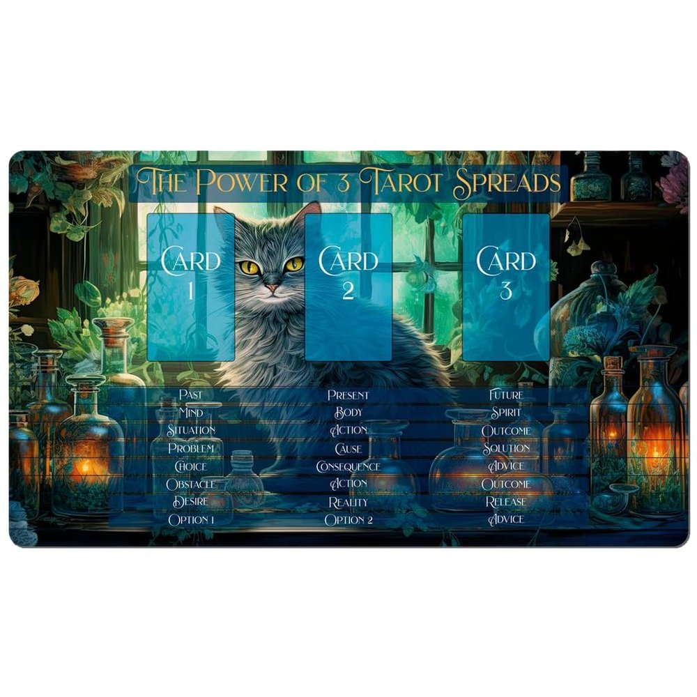 3 Card Spread Tarot Mat for Beginners and Experts, 8 Printed Layouts for Reading, Divination Cloth, Large Size Protective Desk or Table Pad for Readings (Gray-Cat-Apothecary-2)