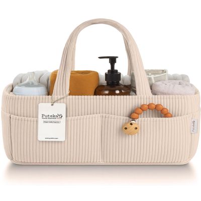 PUTSKA Baby Diaper Caddy Organizer for Changing Table Stylish Nursery Storage Basket, Newborn Essentials, Baby Shower Gifts and Registry Must-Haves for Boy or Girl, Car Diaper Caddy, Corduroy Cream