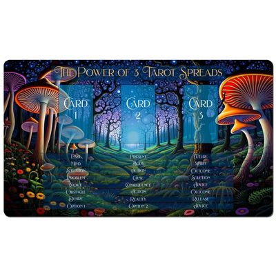 3 Card Spread Tarot Mat for Beginners and Experts, 8 Printed Layouts for Reading, Divination Cloth, Large Size Protective Desk or Table Pad for Readings (Midnight-Mushrooms-2)