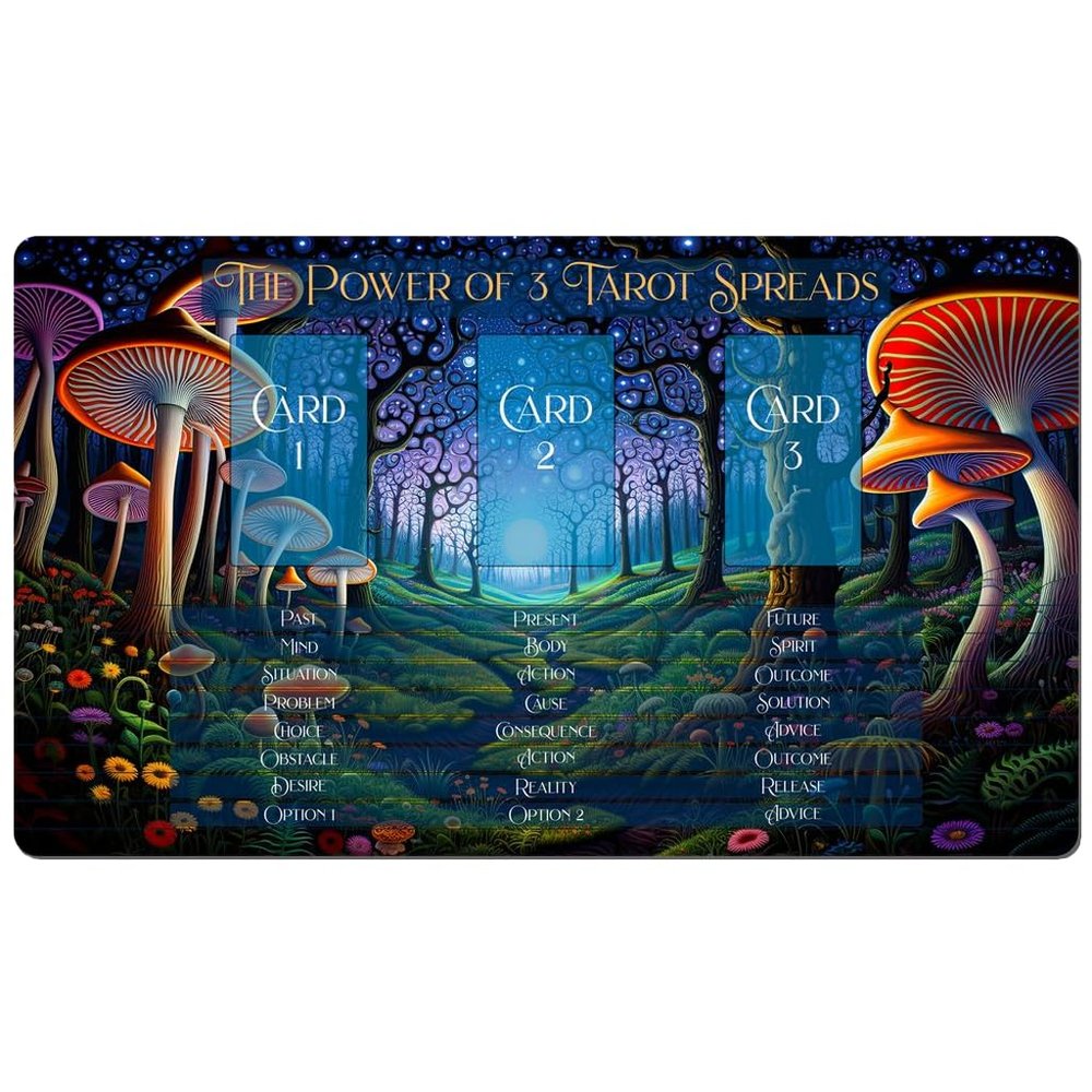 3 Card Spread Tarot Mat for Beginners and Experts, 8 Printed Layouts for Reading, Divination Cloth, Large Size Protective Desk or Table Pad for Readings (Midnight-Mushrooms-2)