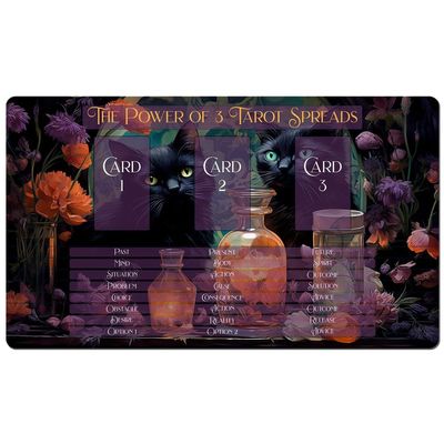 3 Card Spread Tarot Mat for Beginners and Experts, 8 Printed Layouts for Reading, Divination Cloth, Large Size Protective Desk or Table Pad for Readings (Apothecary-Cats-2)