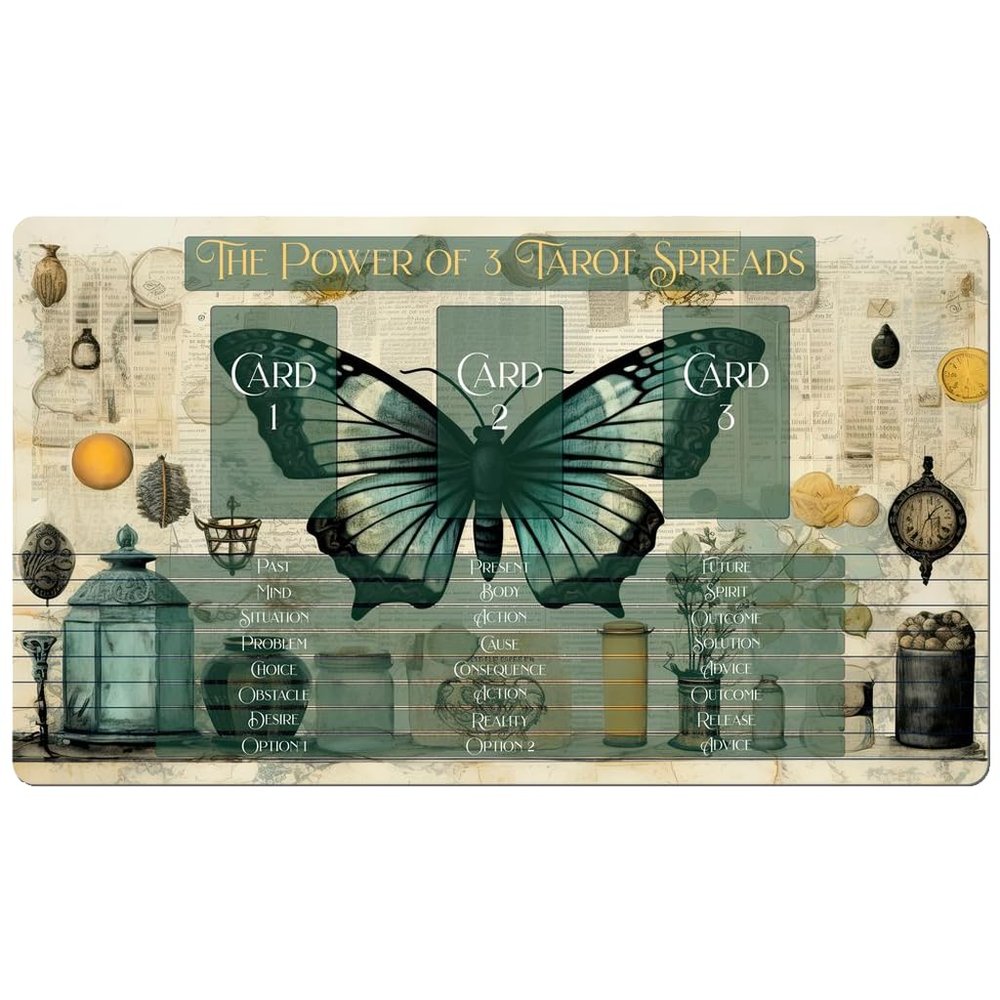 3 Card Spread Tarot Mat for Beginners and Experts, 8 Printed Layouts for Reading, Divination Cloth, Large Size Protective Desk or Table Pad for Readings (Ephemera-Tarot-2)