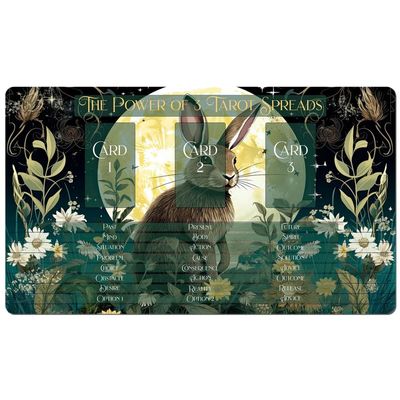 3 Card Spread Tarot Mat for Beginners and Experts, 8 Printed Layouts for Reading, Divination Cloth, Large Size Protective Desk or Table Pad for Readings (Moonlit-Hare-2)