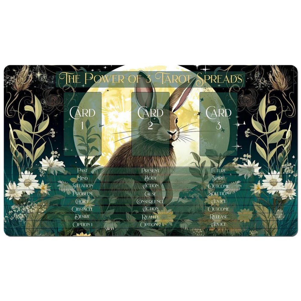 3 Card Spread Tarot Mat for Beginners and Experts, 8 Printed Layouts for Reading, Divination Cloth, Large Size Protective Desk or Table Pad for Readings (Moonlit-Hare-2)