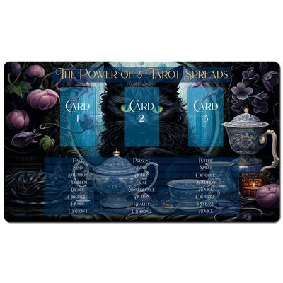3 Card Spread Tarot Mat for Beginners and Experts, 8 Printed Layouts for Reading, Divination Cloth, Large Size Protective Desk or Table Pad for Readings (Black-Cat-Apothecary-2)