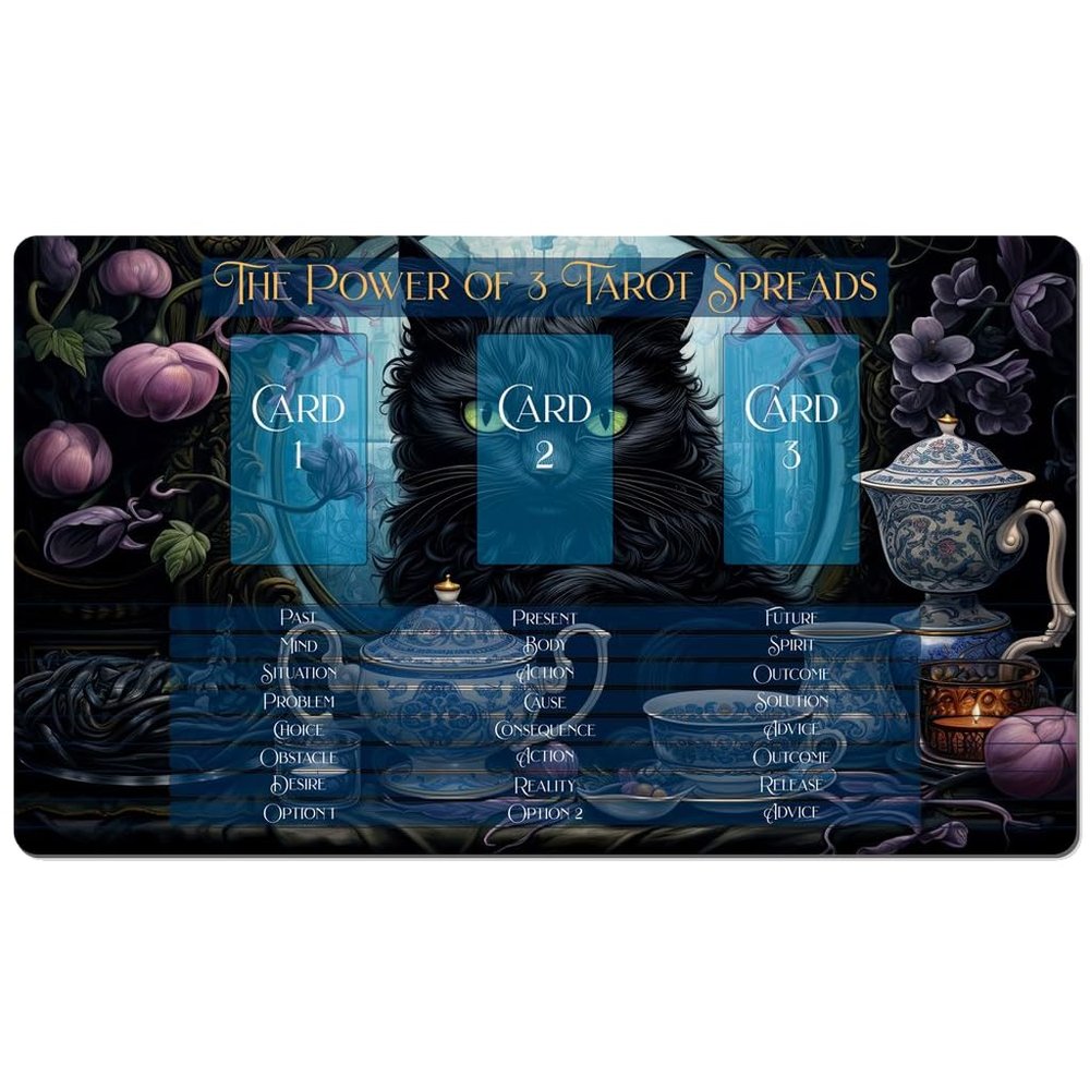 3 Card Spread Tarot Mat for Beginners and Experts, 8 Printed Layouts for Reading, Divination Cloth, Large Size Protective Desk or Table Pad for Readings (Black-Cat-Apothecary-2)