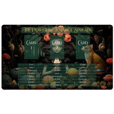 3 Card Spread Tarot Mat for Beginners and Experts, 8 Printed Layouts for Reading, Divination Cloth, Large Size Protective Desk or Table Pad for Readings (Apothecary-Witch-2)