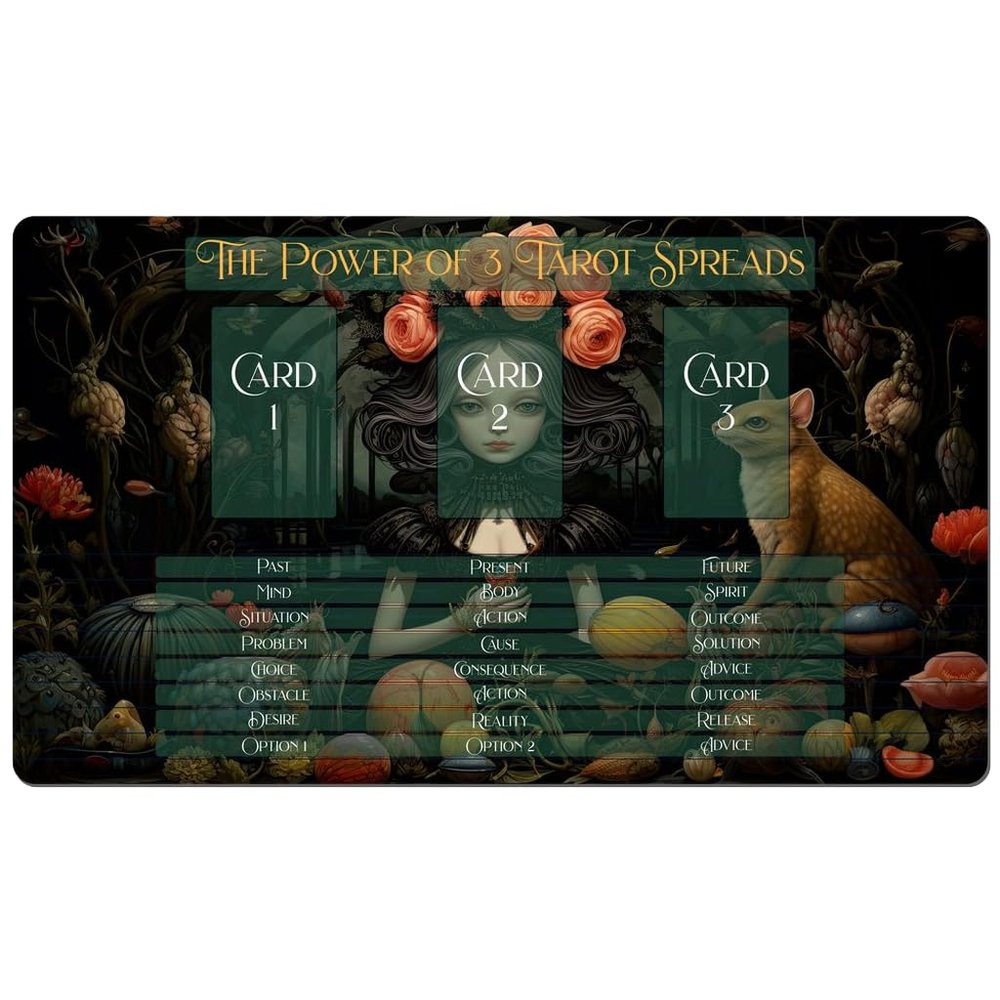 3 Card Spread Tarot Mat for Beginners and Experts, 8 Printed Layouts for Reading, Divination Cloth, Large Size Protective Desk or Table Pad for Readings (Apothecary-Witch-2)