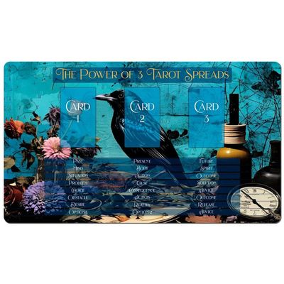 3 Card Spread Tarot Mat for Beginners and Experts, 8 Printed Layouts for Reading, Divination Cloth, Large Size Protective Desk or Table Pad for Readings (Apothecary-Crow-2)