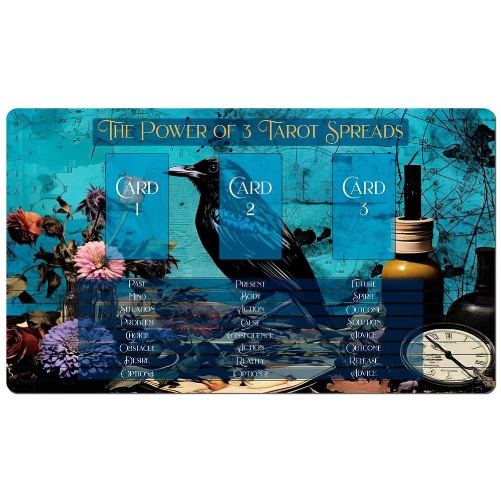 3 Card Spread Tarot Mat for Beginners and Experts, 8 Printed Layouts for Reading, Divination Cloth, Large Size Protective Desk or Table Pad for Readings (Apothecary-Crow-2)
