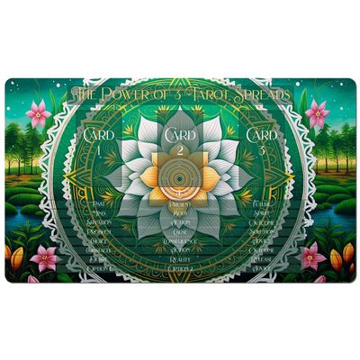 3 Card Spread Tarot Mat for Beginners and Experts, 8 Printed Layouts for Reading, Divination Cloth, Large Size Protective Desk or Table Pad for Readings (Lakeside-Garden-2)