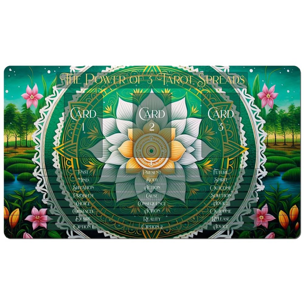 3 Card Spread Tarot Mat for Beginners and Experts, 8 Printed Layouts for Reading, Divination Cloth, Large Size Protective Desk or Table Pad for Readings (Lakeside-Garden-2)