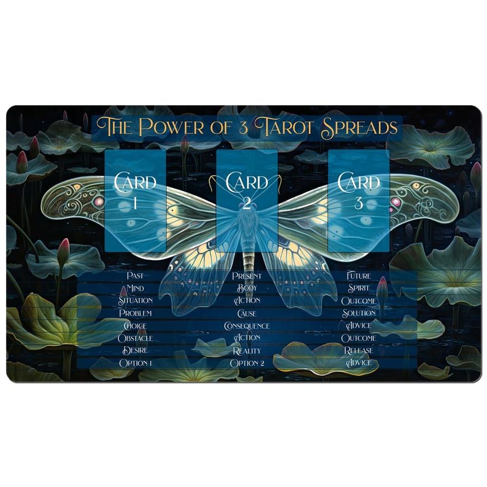 Madaket Lane 3 Card Spread Tarot Mat for Beginners and Experts, 8 Printed Layouts for Reading, Divination Cloth, Large Size Protective Desk or Table Pad for Readings (Midnight-Moth-2)