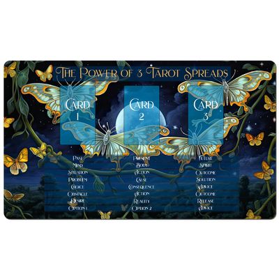 Madaket Lane 3 Card Spread Tarot Mat for Beginners and Experts, 8 Printed Layouts for Reading, Divination Cloth, Large Size Protective Desk or Table Pad for Readings (Flight-of-The-Luna-Moths-2)