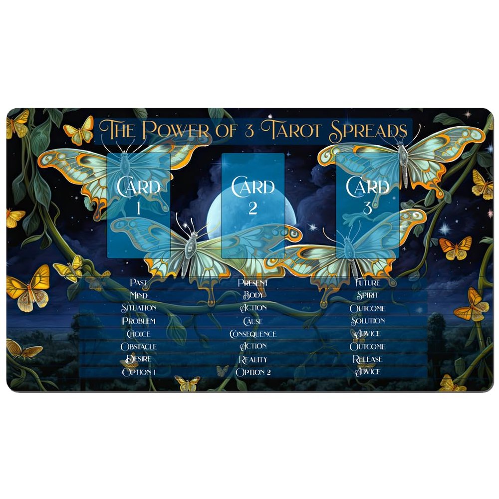 Madaket Lane 3 Card Spread Tarot Mat for Beginners and Experts, 8 Printed Layouts for Reading, Divination Cloth, Large Size Protective Desk or Table Pad for Readings (Flight-of-The-Luna-Moths-2)