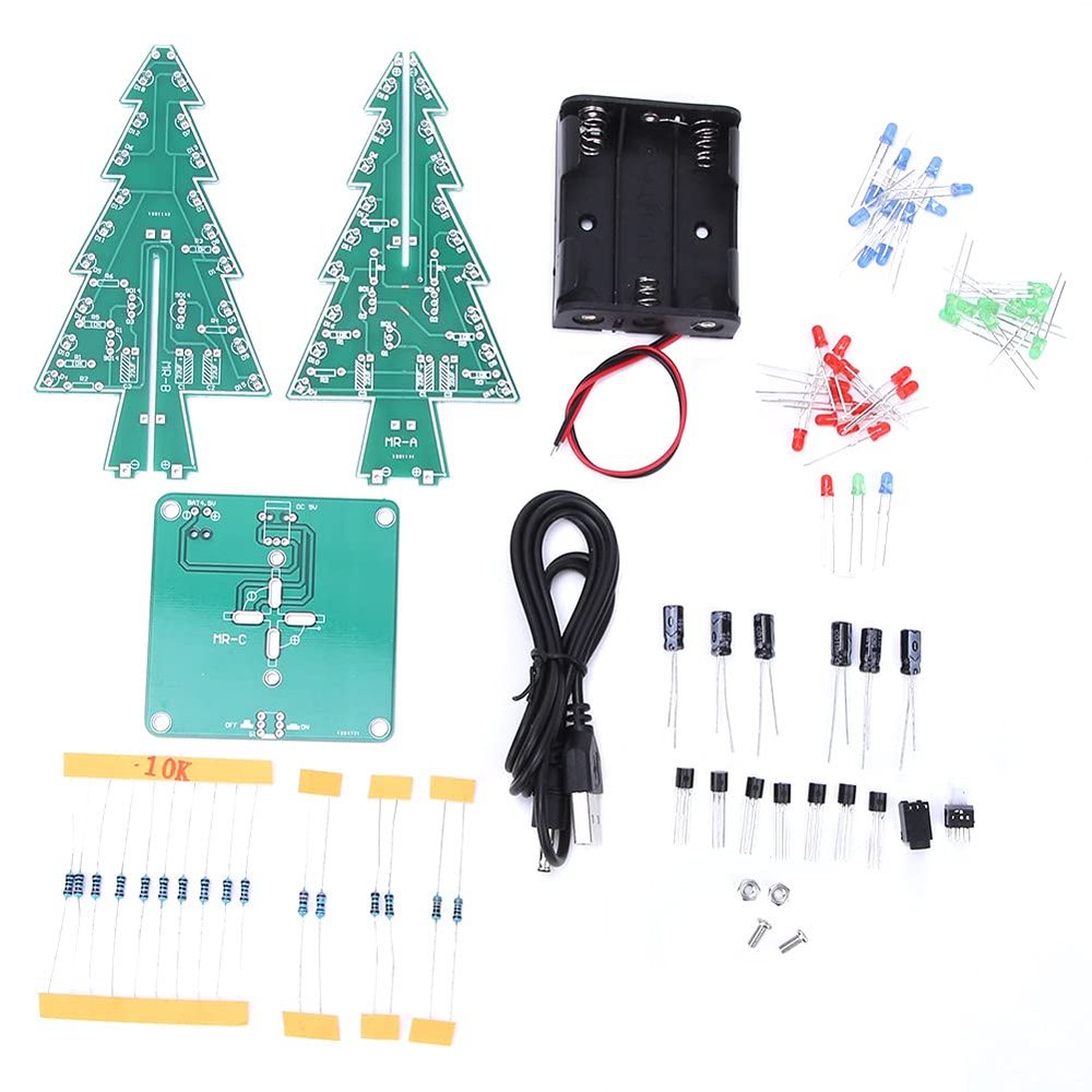 3D Christmas Tree, 3D Xmas Tree Electronic Science Assemble Kit PCB Stereo Christmas Tree Board for Holiday, Soldering Stations (Three-Color DIY Set)