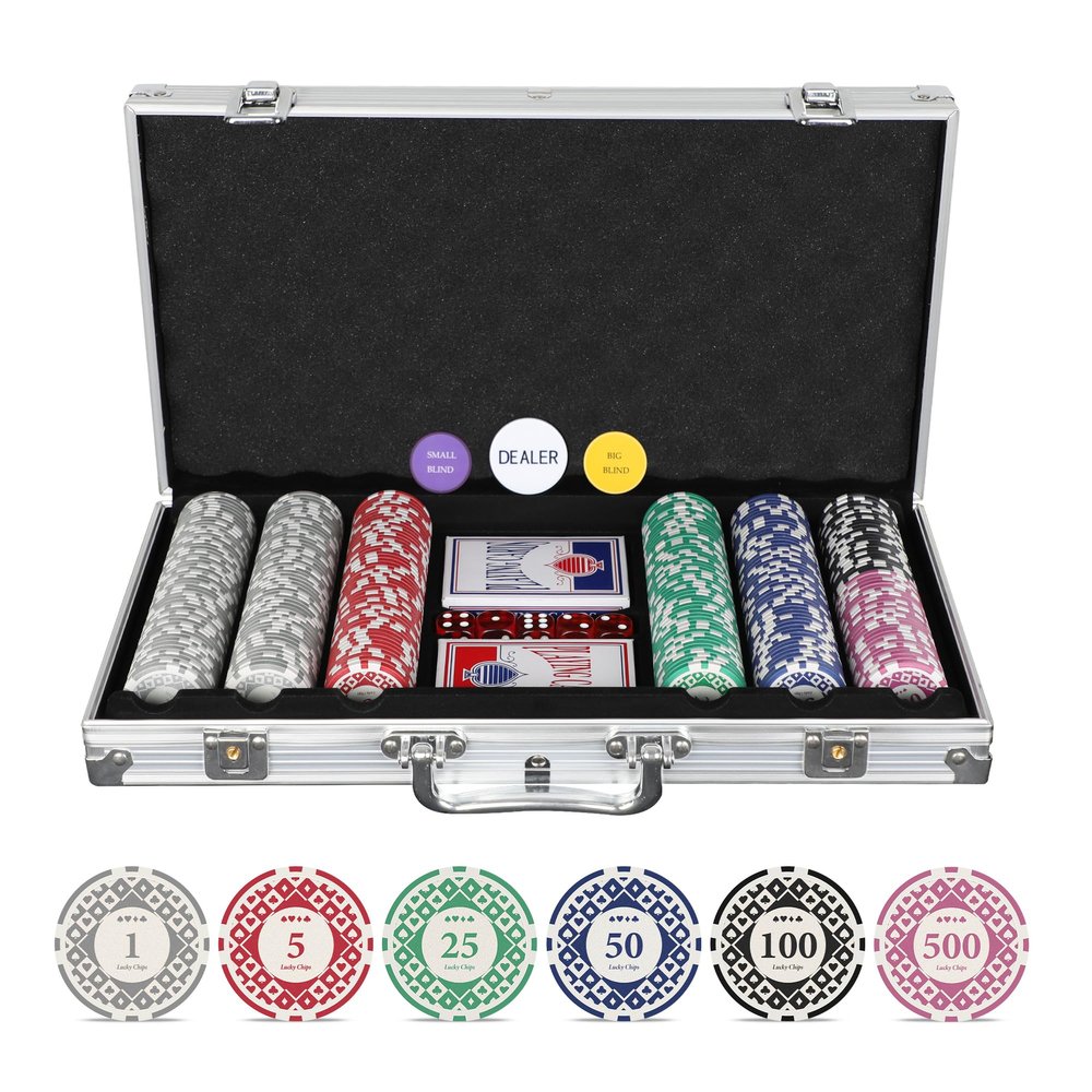 SHANTRA Poker Chips Poker Sets with Aluminum Case, Texas HoldEm Poker Set with 11.5 Gram Numbered Chips, Casino Chip Sets with 2 Decks of Plastic Playing Cards for Blackjack Gambling Games (300PCS)