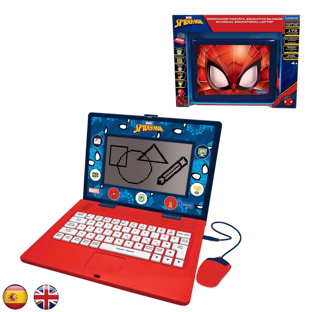 Lexibook, Spider-Man, Bilingual and Educational Laptop Spanish/English, Toy for Children, 170 Activities to Learn, Play Games and Music, Large Screen, Blue/Red, JC599SPi2