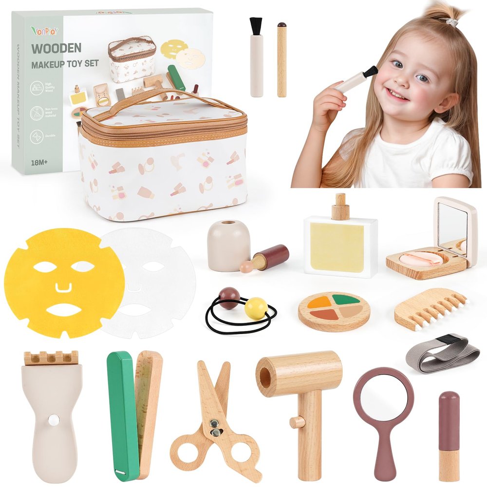 Vanplay Wooden Makeup Kit - Toys for 2 3 Year Old Girls Easter Birthday Gifts, Pretend Play Set for Toddler Girls 2-4, Beauty & Hair Salon Toys for Kids 3-5