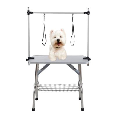 42-inch Pet Cat and Dog Grooming Table, Folding Pet Grooming Table, Pet Supplies, Stainless Steel Frame, Rubber Pads, Adjustable Arms and Clamps, Silver Gray